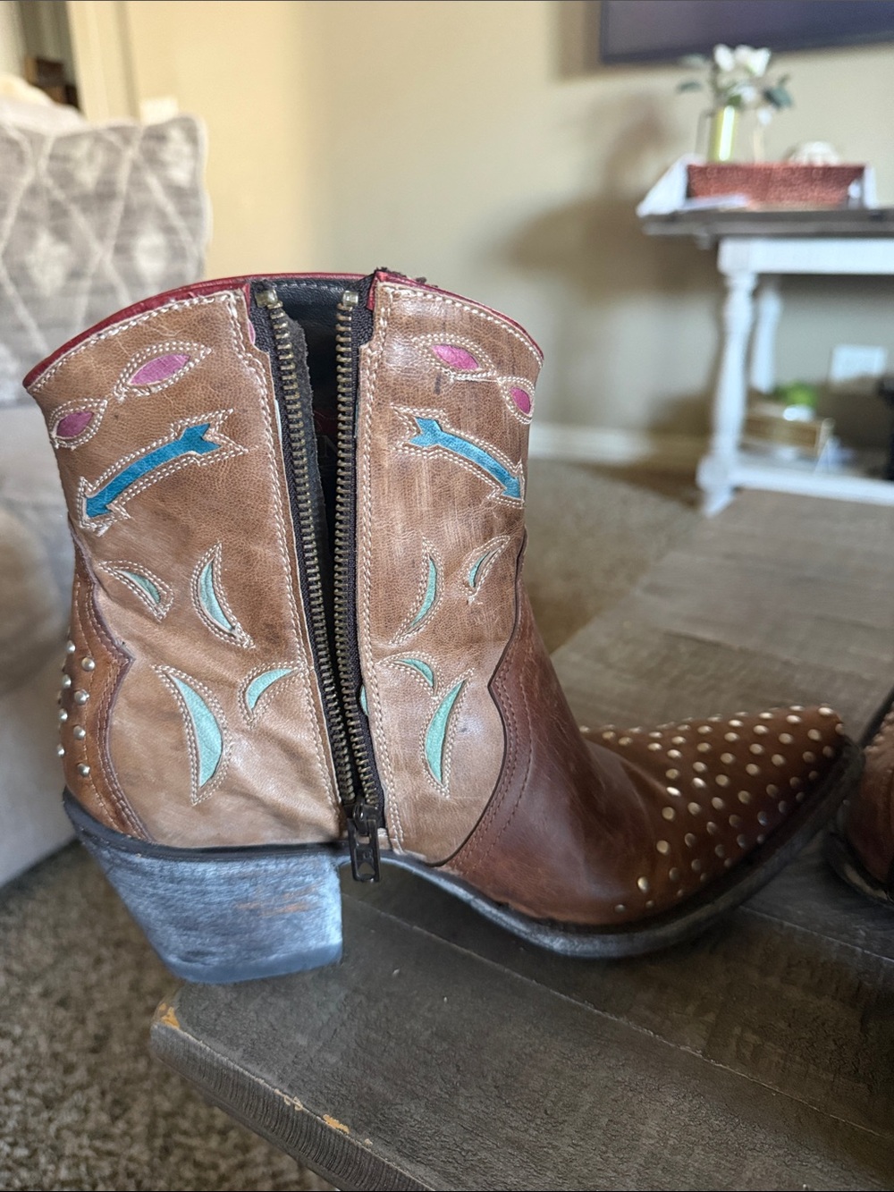 Old Gringo Brown Leather Western Ankle Boots with Colorful Inlay - Picture 5 of 13